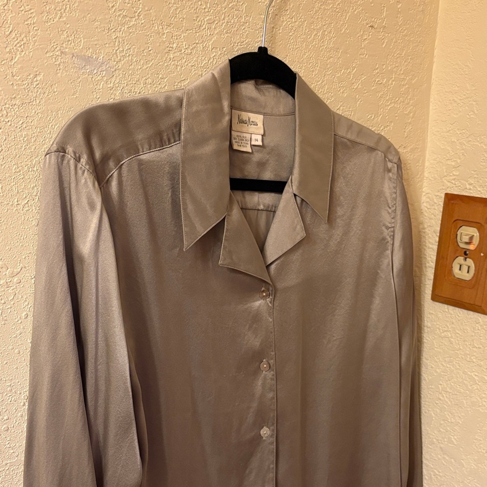 Neiman Marcus Silver Button Down Blouse 100% Silk
